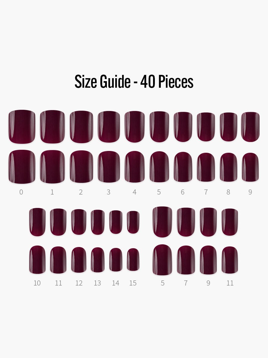Original Burgundy(オリジナルバーガンディー) - フィンガースーツネイルチップのサイズガイド(40枚入り、16サイズ)