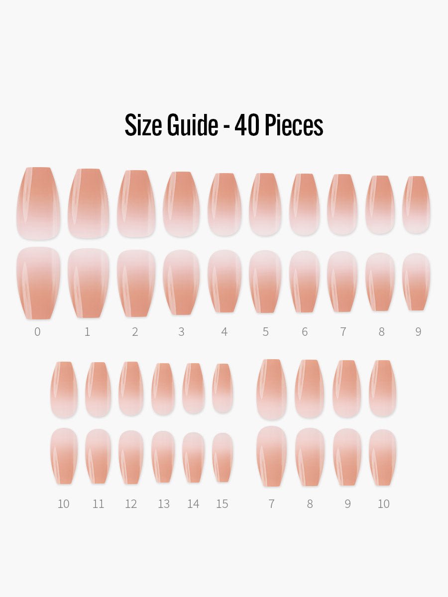 Nude Blush(ヌーディ・ブラッシュ) - フィンガースーツネイルチップのサイズガイド(40枚入り、16サイズ)