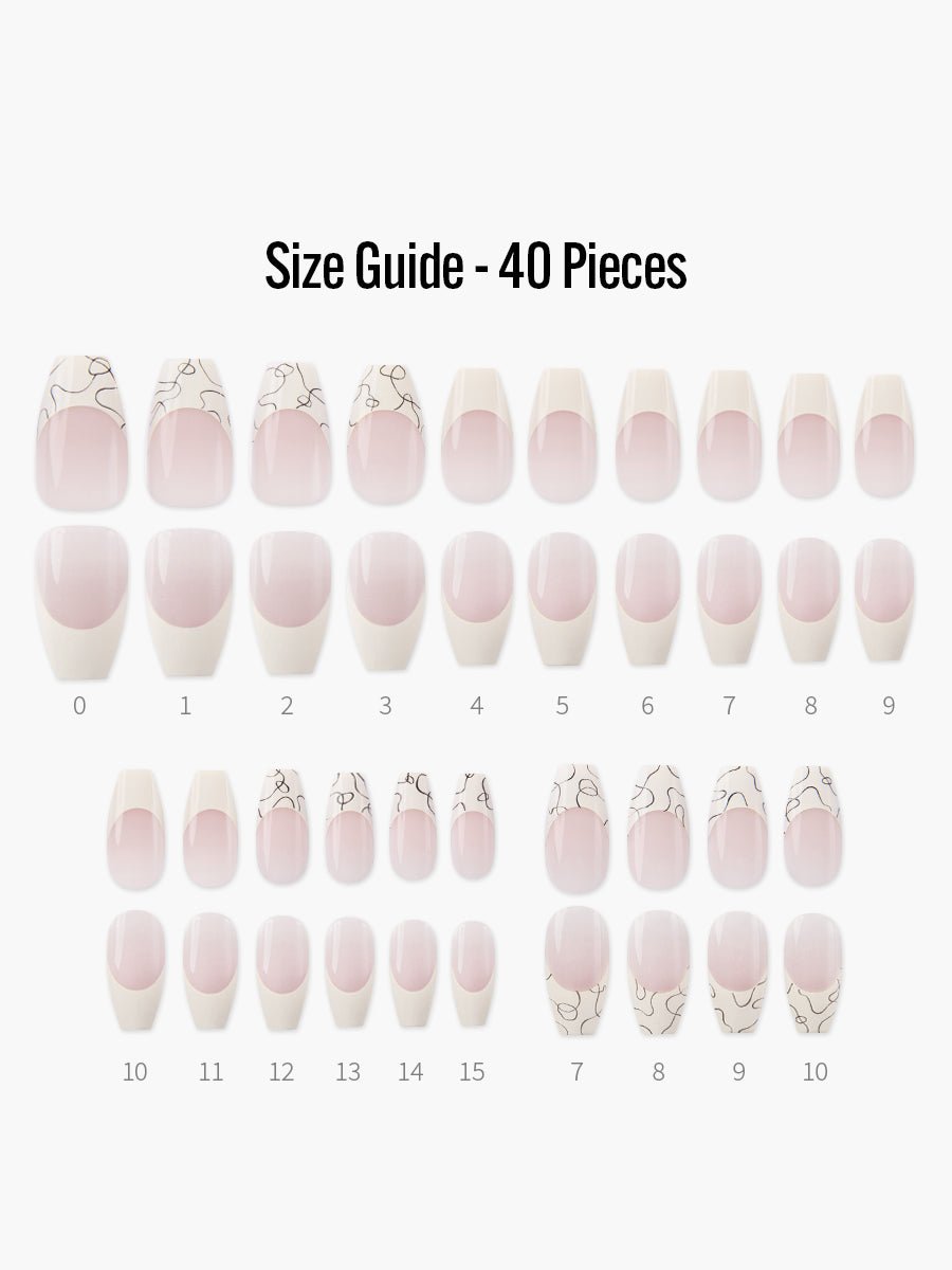 Cream Latte(クリームラテ) - フィンガースーツネイルチップのサイズガイド(40枚入り、16サイズ)
