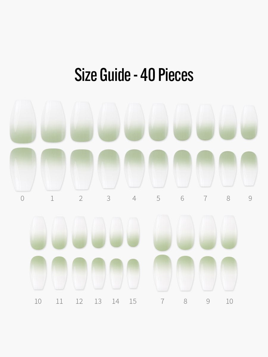Greentea Latte(グリーンティーラテ) - フィンガースーツネイルチップのサイズガイド(40枚入り、16サイズ)