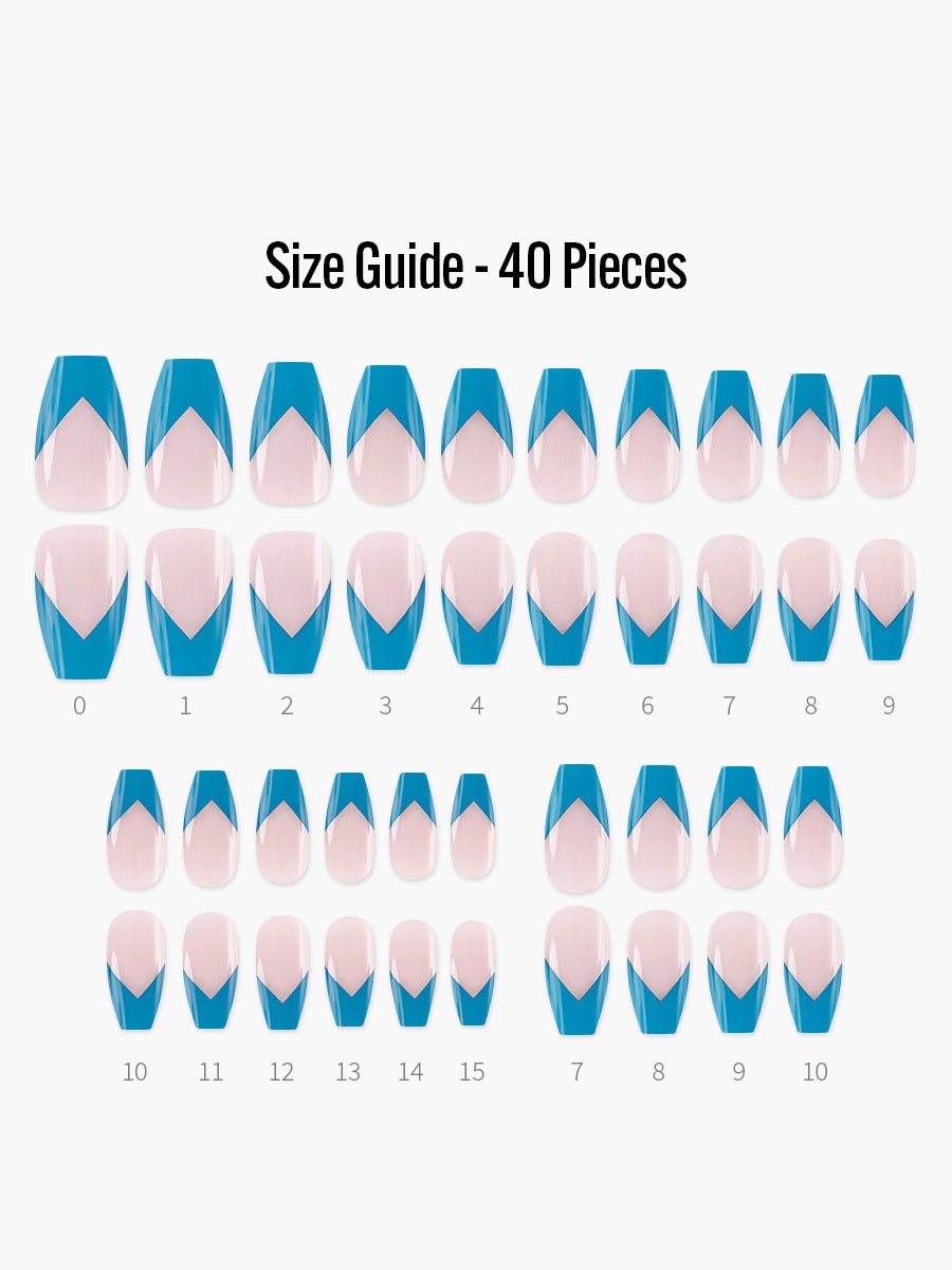 Kinda Blue(キンダブルー) - フィンガースーツネイルチップのサイズガイド(40枚入り、16サイズ)