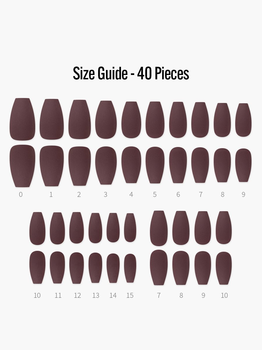 Dark Red Brown(ダークレッドブラウン) - フィンガースーツネイルチップのサイズガイド(40枚入り、16サイズ)