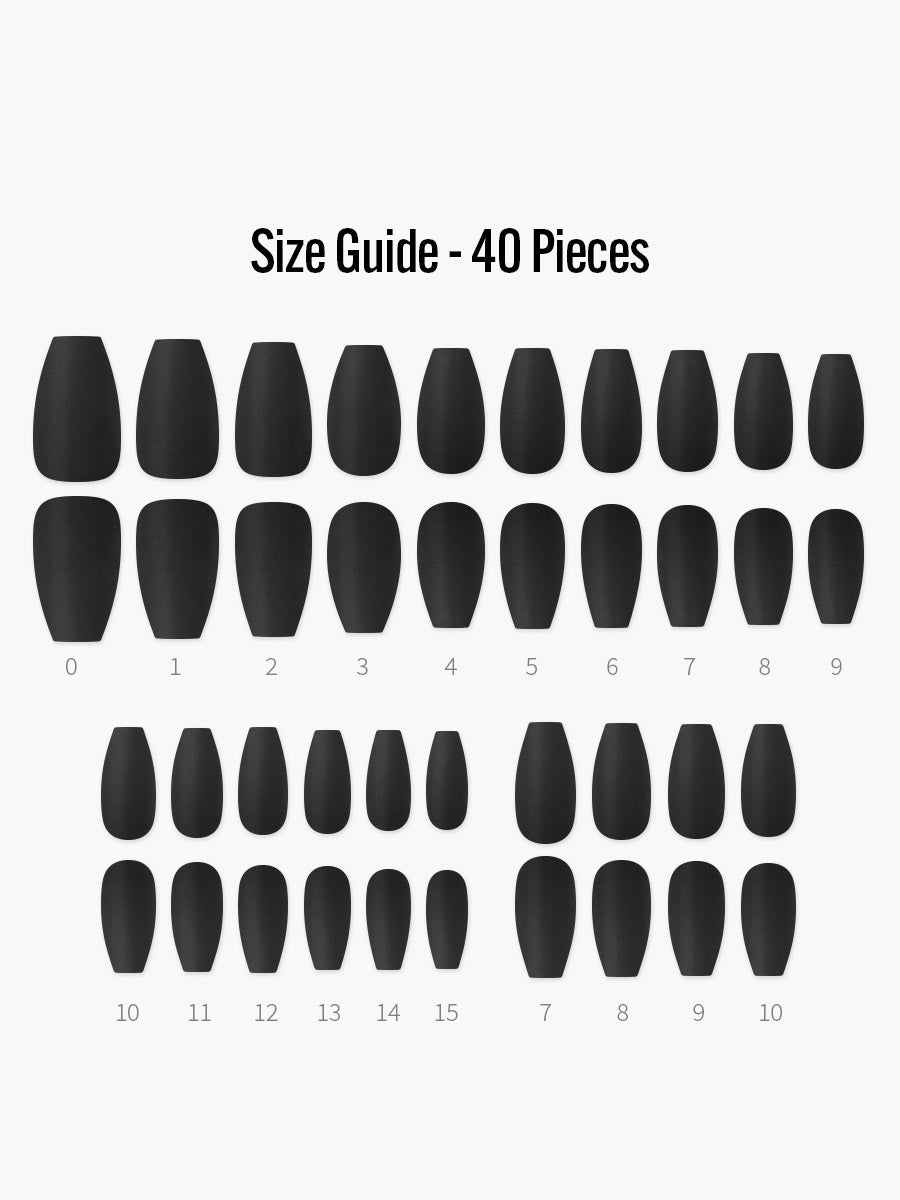 Matte Black(マットブラック) - フィンガースーツネイルチップのサイズガイド(40枚入り、16サイズ)