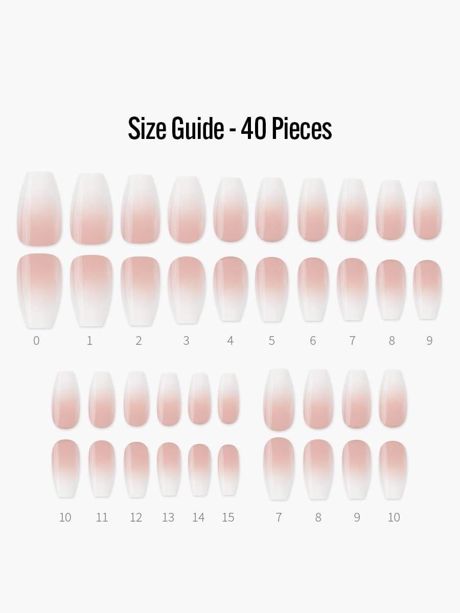 【Kep1er 着用】Baby Boomer (バレリーナ)(ベイビーブーマー) - フィンガースーツネイルチップのサイズガイド(40枚入り、16サイズ)
