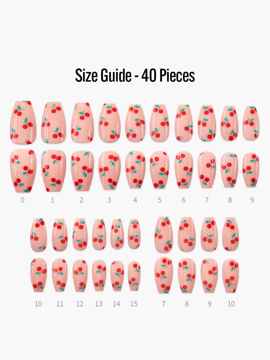 【Kep1er 着用】Cherry On Top(チェリーオントップ) - フィンガースーツネイルチップのサイズガイド(40枚入り、16サイズ)