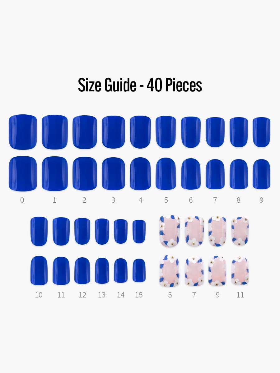 Cobalt Flower(コバルトフラワー) - フィンガースーツネイルチップのサイズガイド(40枚入り、16サイズ)