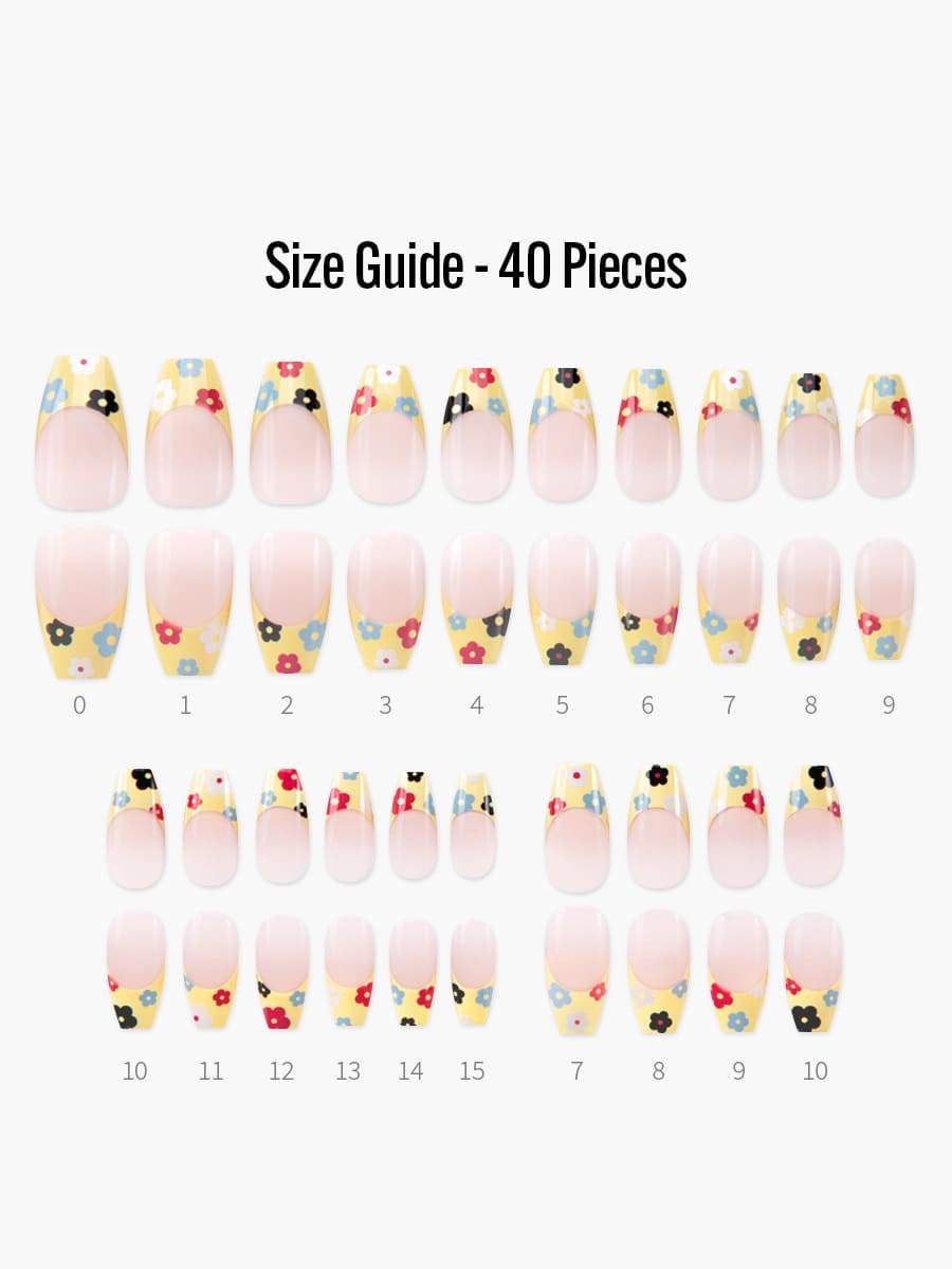 【Kep1er 着用】Flower French(フラワーフレンチ) - フィンガースーツネイルチップのサイズガイド(40枚入り、16サイズ)