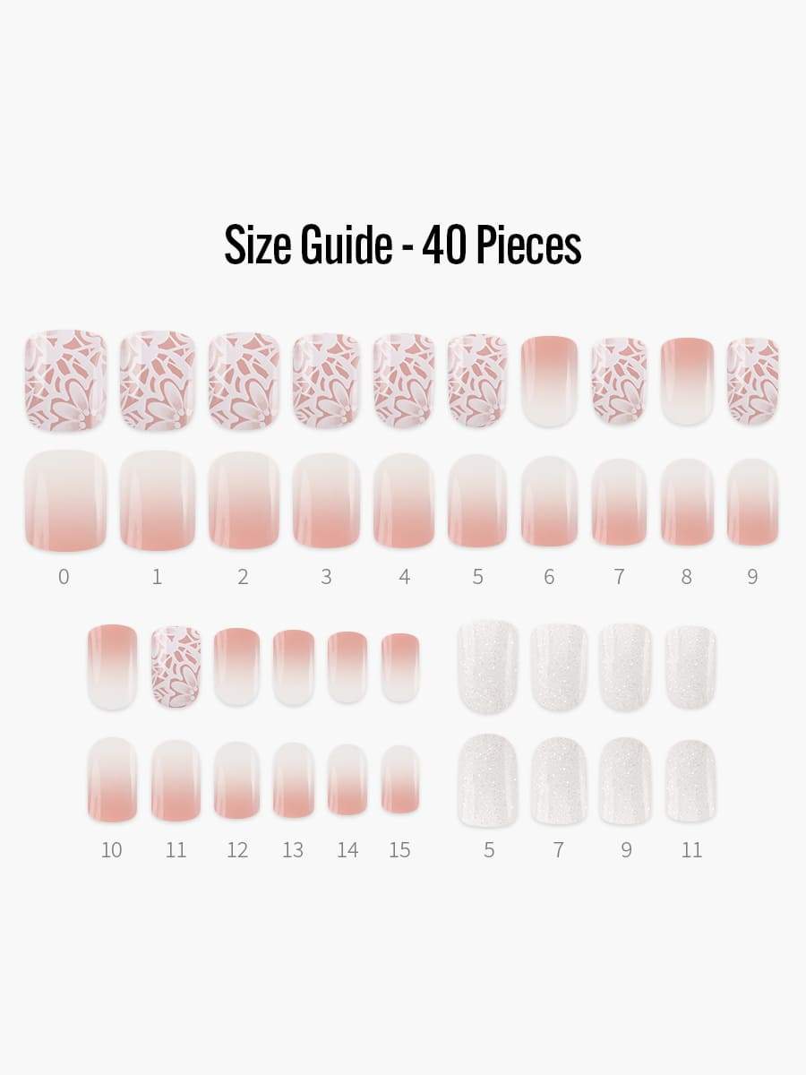 Flower Lace(フラワーレース) - フィンガースーツネイルチップのサイズガイド(40枚入り、16サイズ)