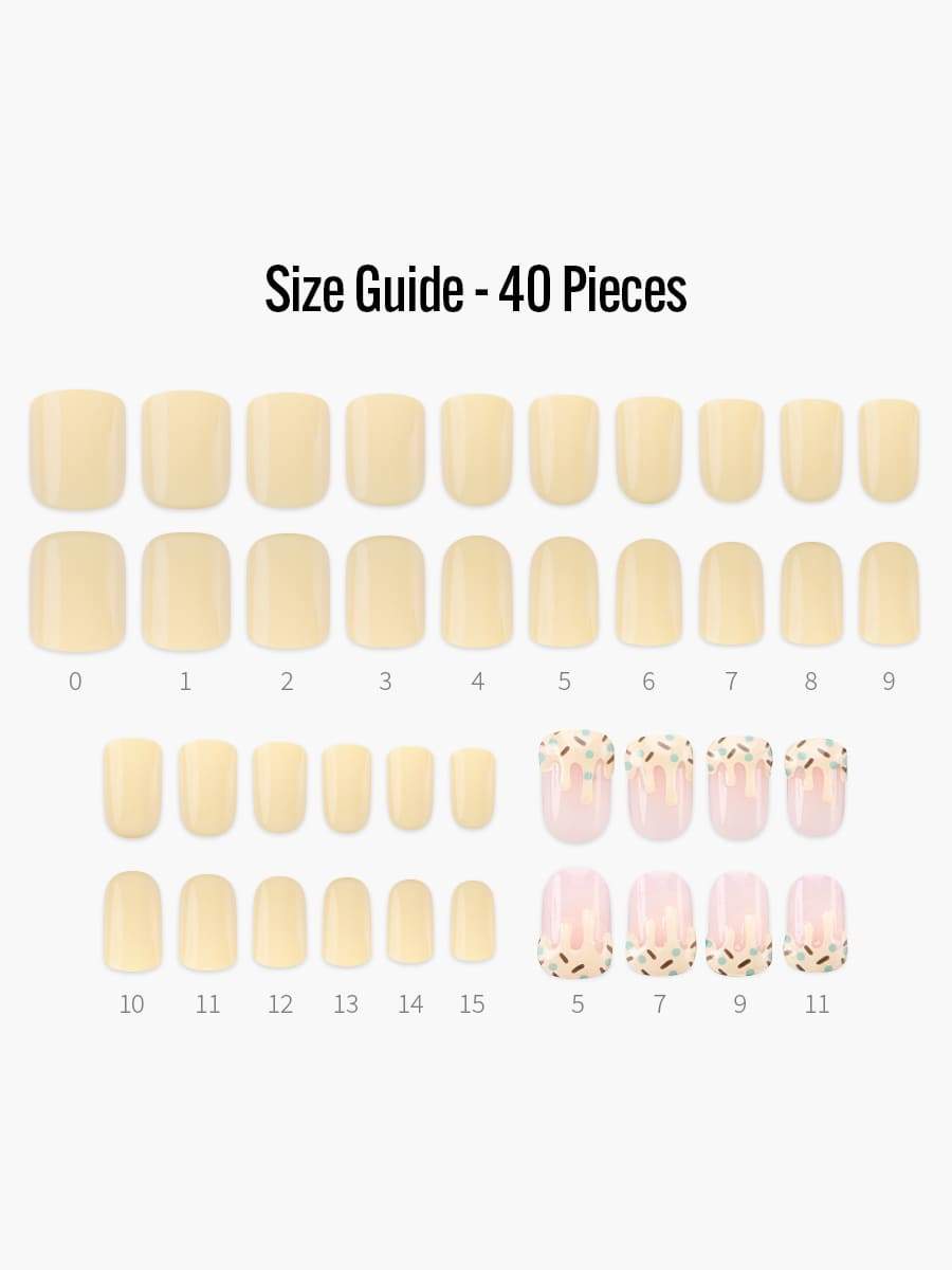 Ice Cream(アイスクリーム) - フィンガースーツネイルチップのサイズガイド(40枚入り、16サイズ)
