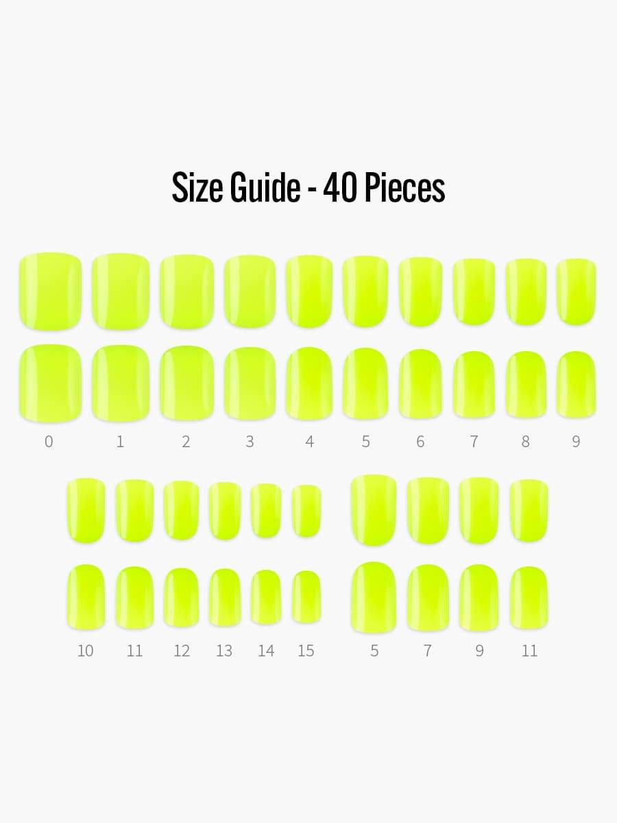 Neon Lime(ネオンライム) - フィンガースーツネイルチップのサイズガイド(40枚入り、16サイズ)
