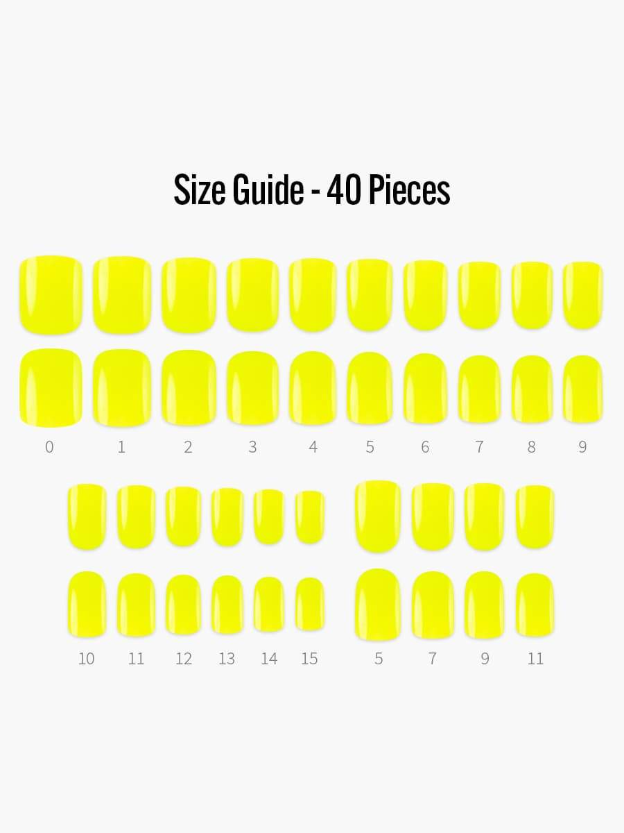 Neon Yellow(ネオンイエロー) - フィンガースーツネイルチップのサイズガイド(40枚入り、16サイズ)