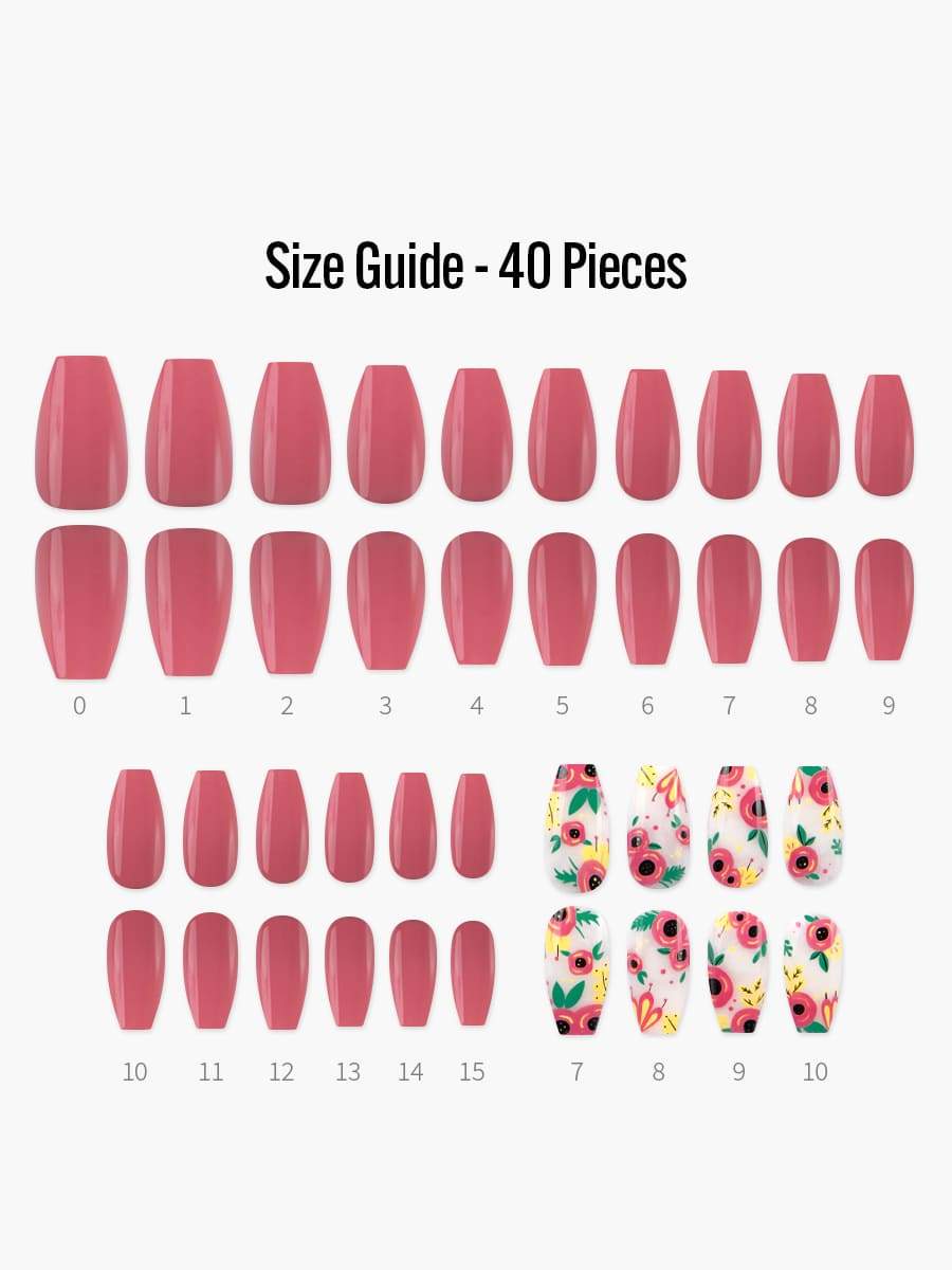 Tropical Flower(トロピカルフラワー) - フィンガースーツネイルチップのサイズガイド(40枚入り、16サイズ)