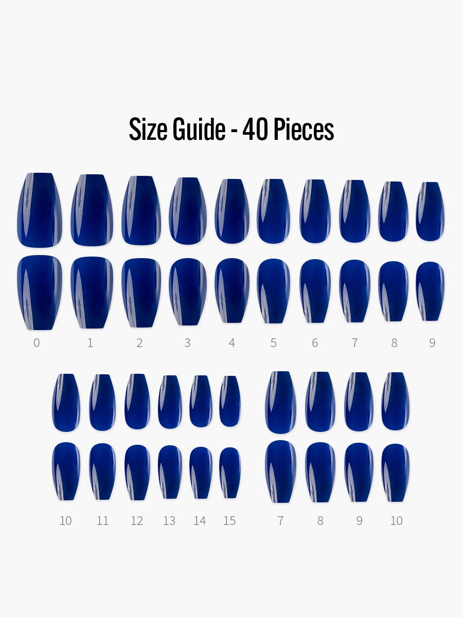 Sapphire Blue(サファイアブルー) - フィンガースーツネイルチップのサイズガイド(40枚入り、16サイズ)