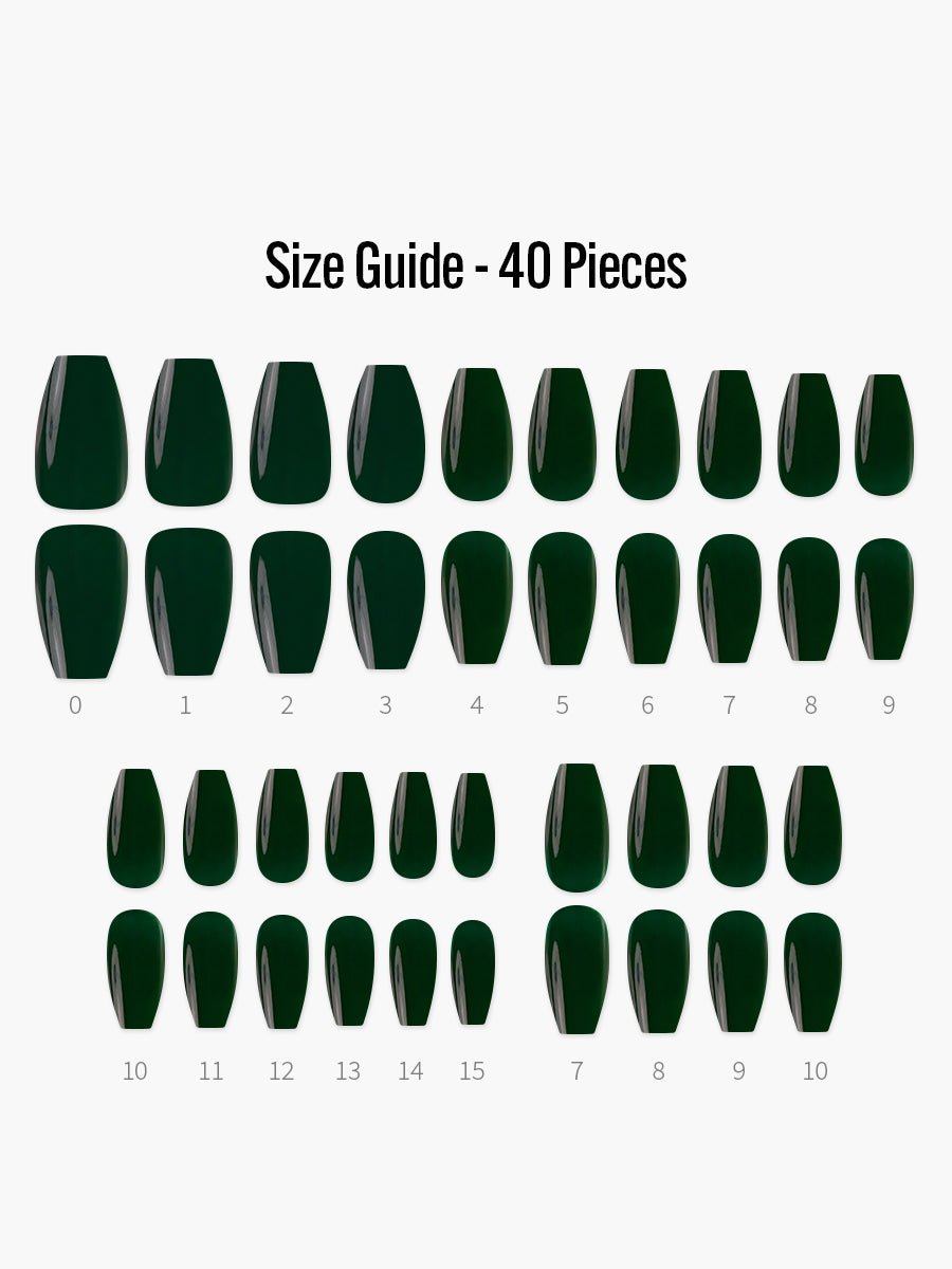 Joyful Green(ジョイフルグリーン) - フィンガースーツネイルチップのサイズガイド(40枚入り、16サイズ)