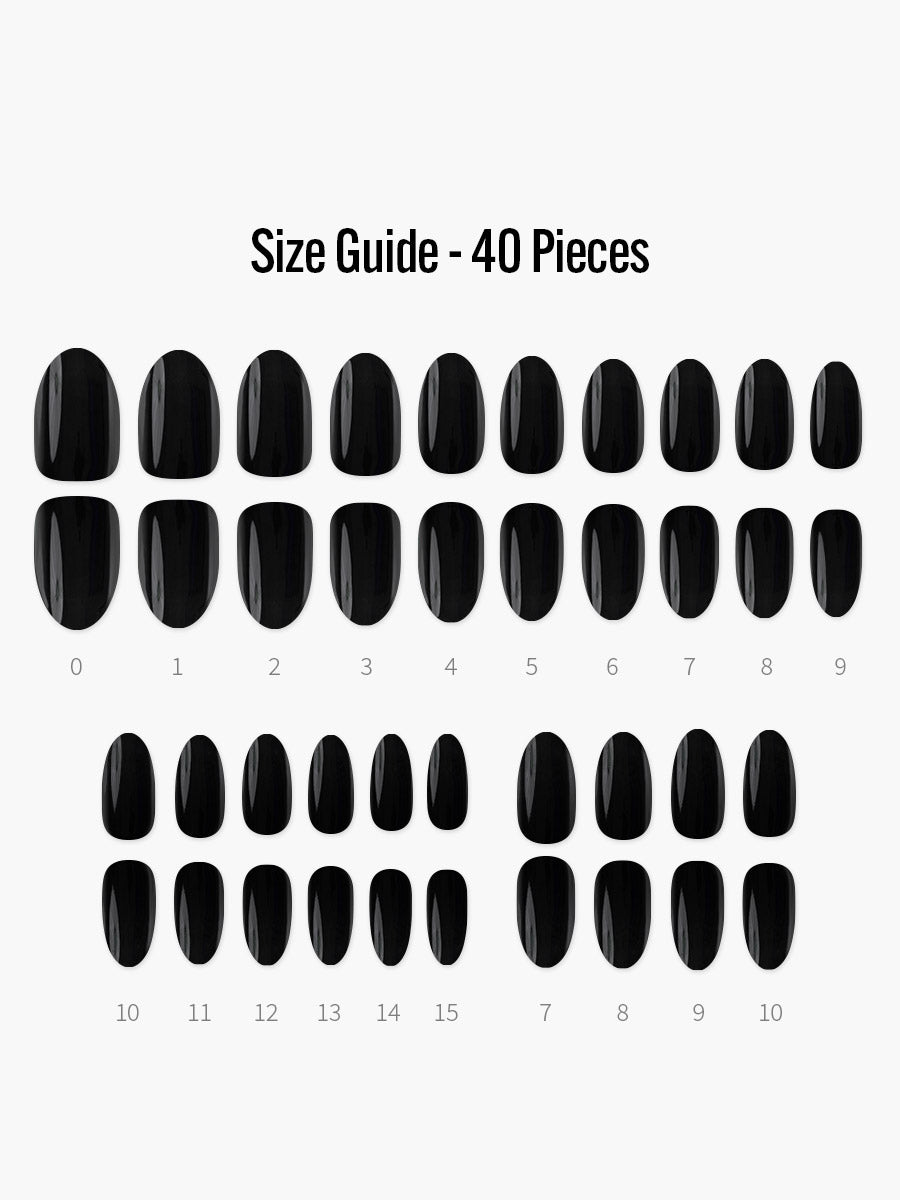 Perfect Black (パーフェクトブラック) - フィンガースーツネイルチップのサイズガイド(40枚入り、16サイズ)