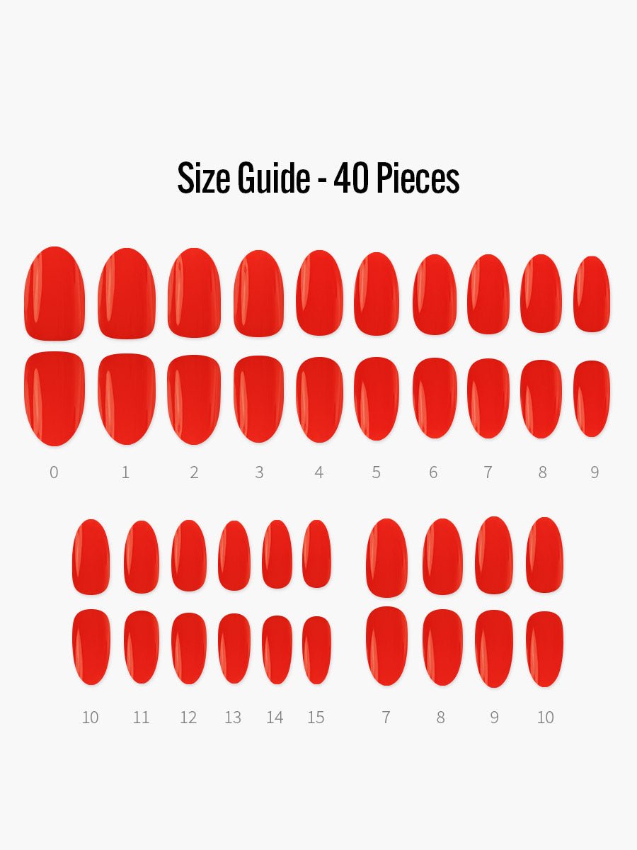Apple Red(アップルレッド) - フィンガースーツネイルチップのサイズガイド(40枚入り、16サイズ)