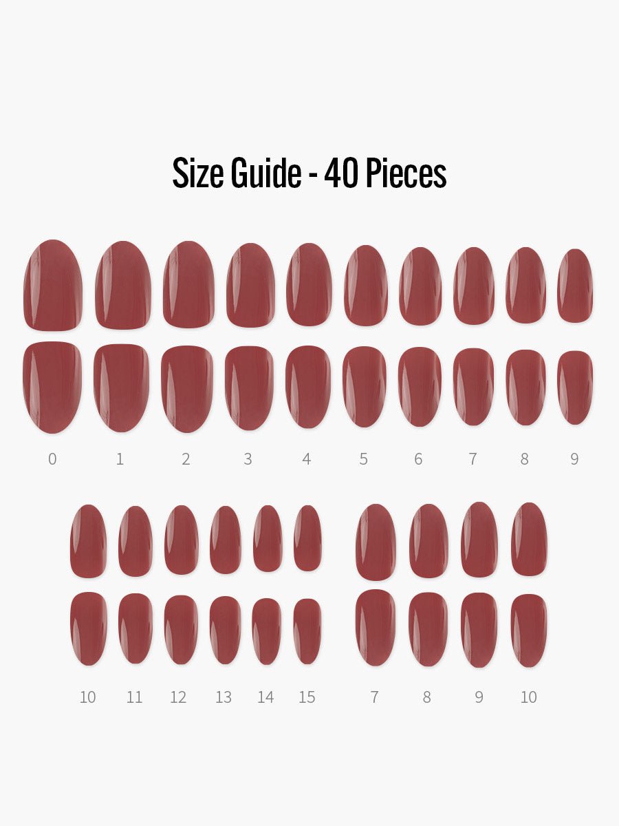 Brick Red(ブリックレッド) - フィンガースーツネイルチップのサイズガイド(40枚入り、16サイズ)
