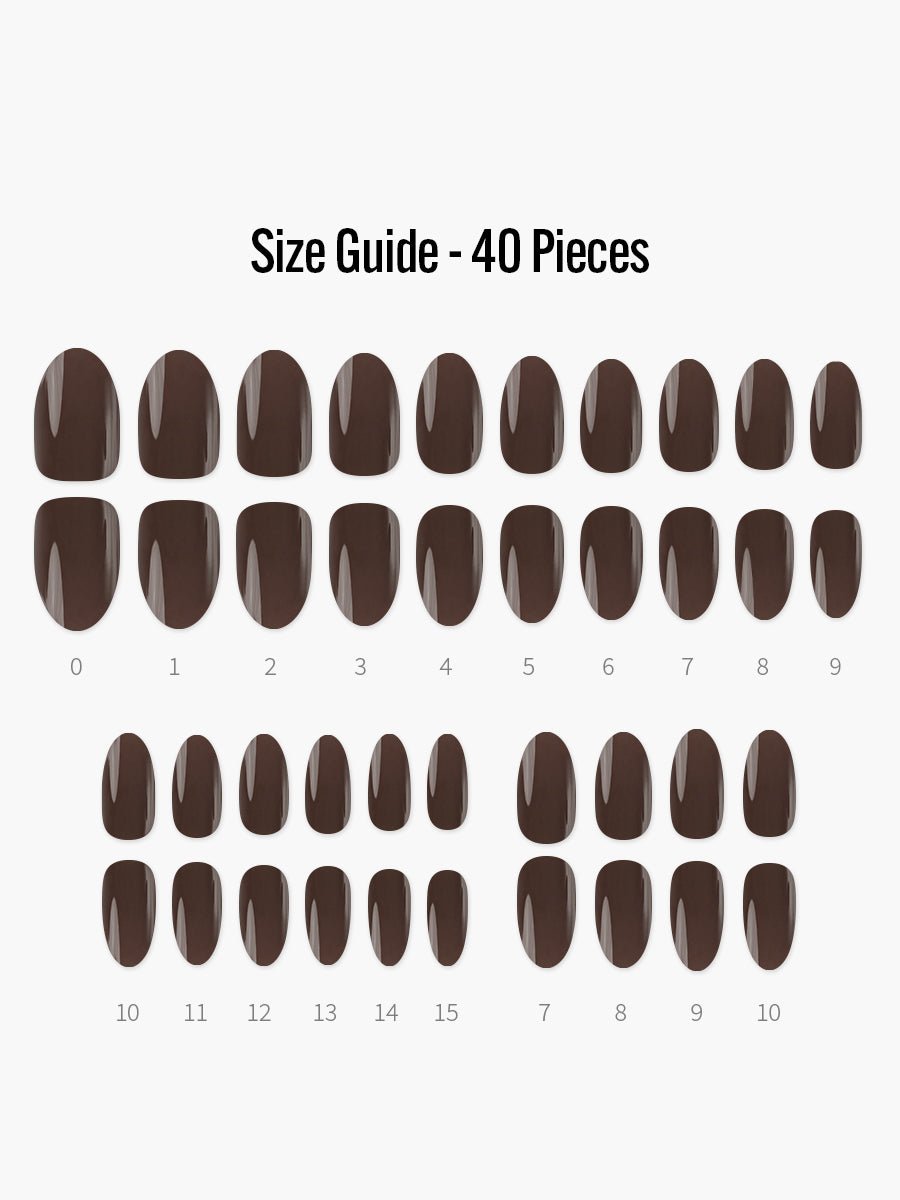 Chocolate Brown(チョコレートブラウン) - フィンガースーツネイルチップのサイズガイド(40枚入り、16サイズ)