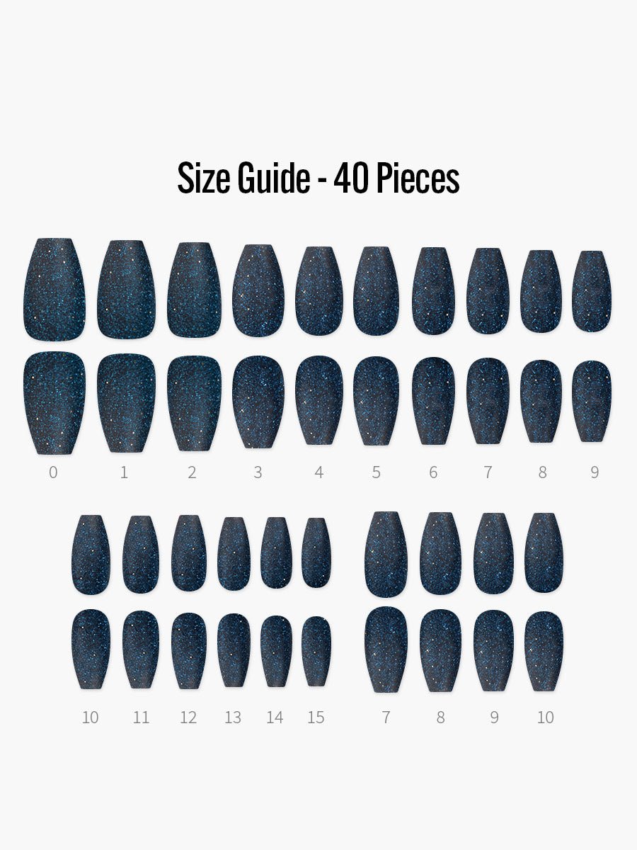 Blue Topaz(ブルートパーズ) - フィンガースーツネイルチップのサイズガイド(40枚入り、16サイズ)