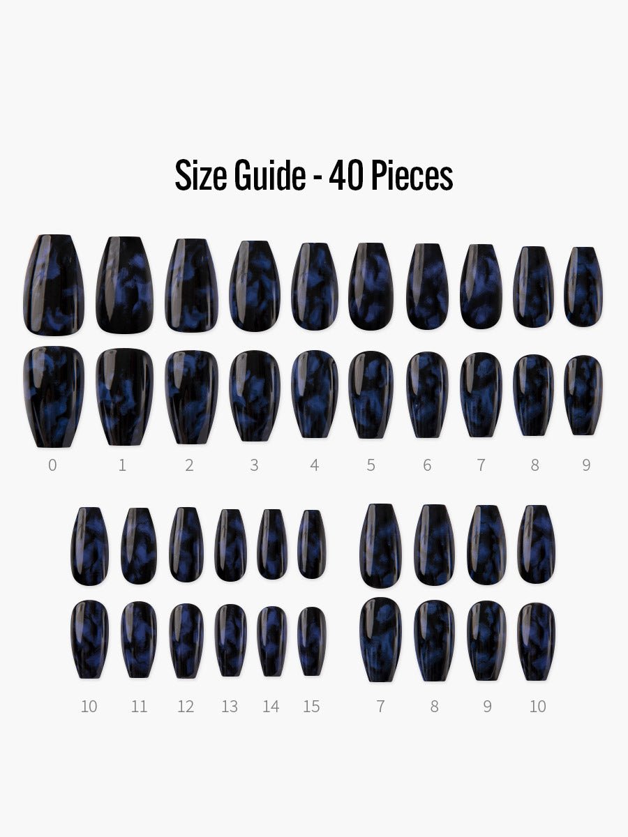 【Kep1er・BIBI 着用】Blue Black Marble(ブルーブラックマーブル) - フィンガースーツネイルチップのサイズガイド(40枚入り、16サイズ)
