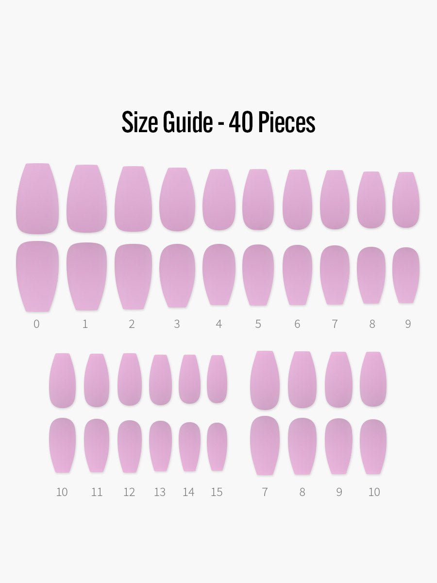 Taffy Pink(タフィーピンク) - フィンガースーツネイルチップのサイズガイド(40枚入り、16サイズ)
