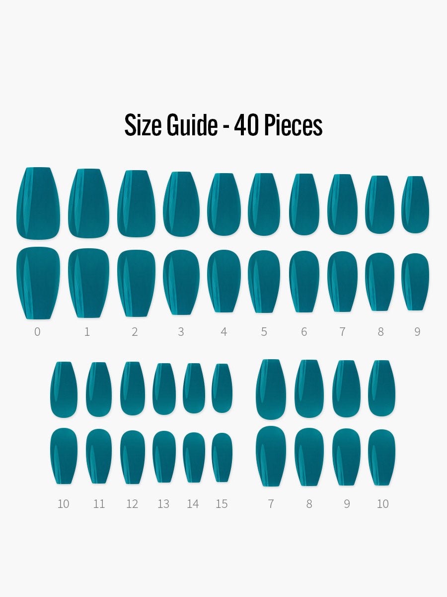 Syrup Turquoise(シロップターコイズ) - フィンガースーツネイルチップのサイズガイド(40枚入り、16サイズ)
