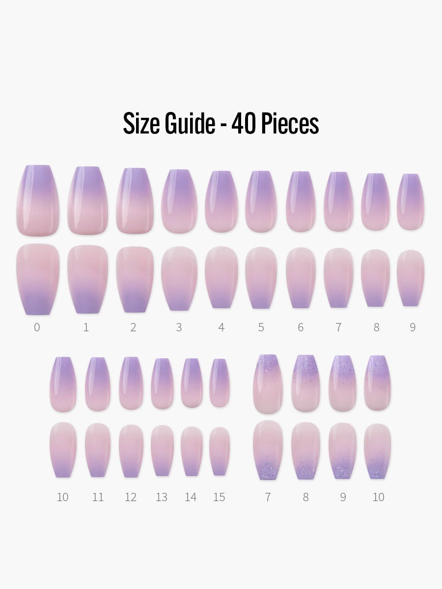 Purple Haze(パープルヘイズ) - フィンガースーツネイルチップのサイズガイド(40枚入り、16サイズ)