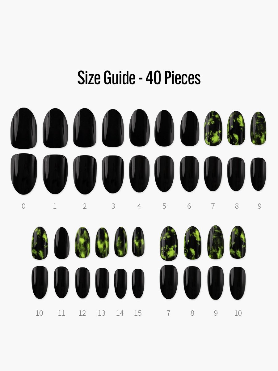 Neon Black Marble(ネオンブラックマーブル) - フィンガースーツネイルチップのサイズガイド(40枚入り、16サイズ)