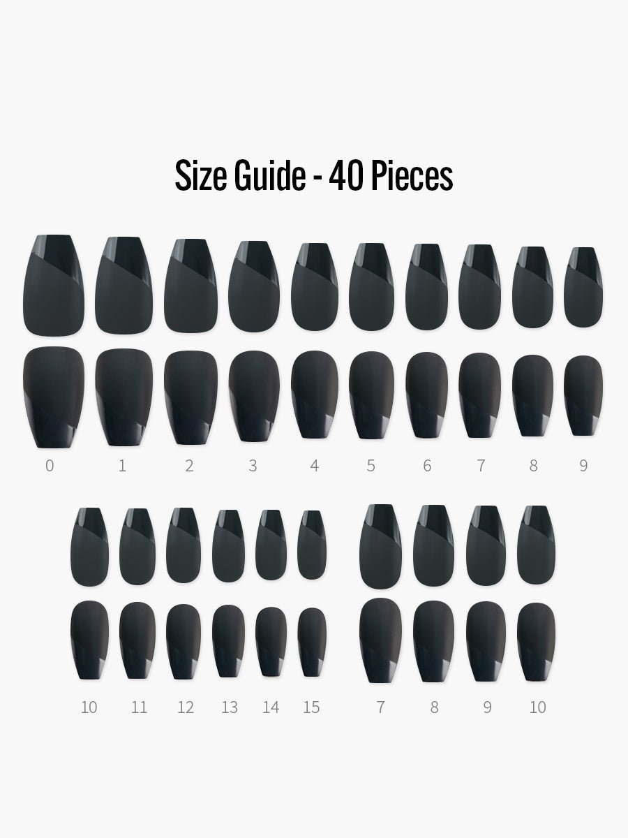 Modern Black(モダンブラック) - フィンガースーツネイルチップのサイズガイド(40枚入り、16サイズ)