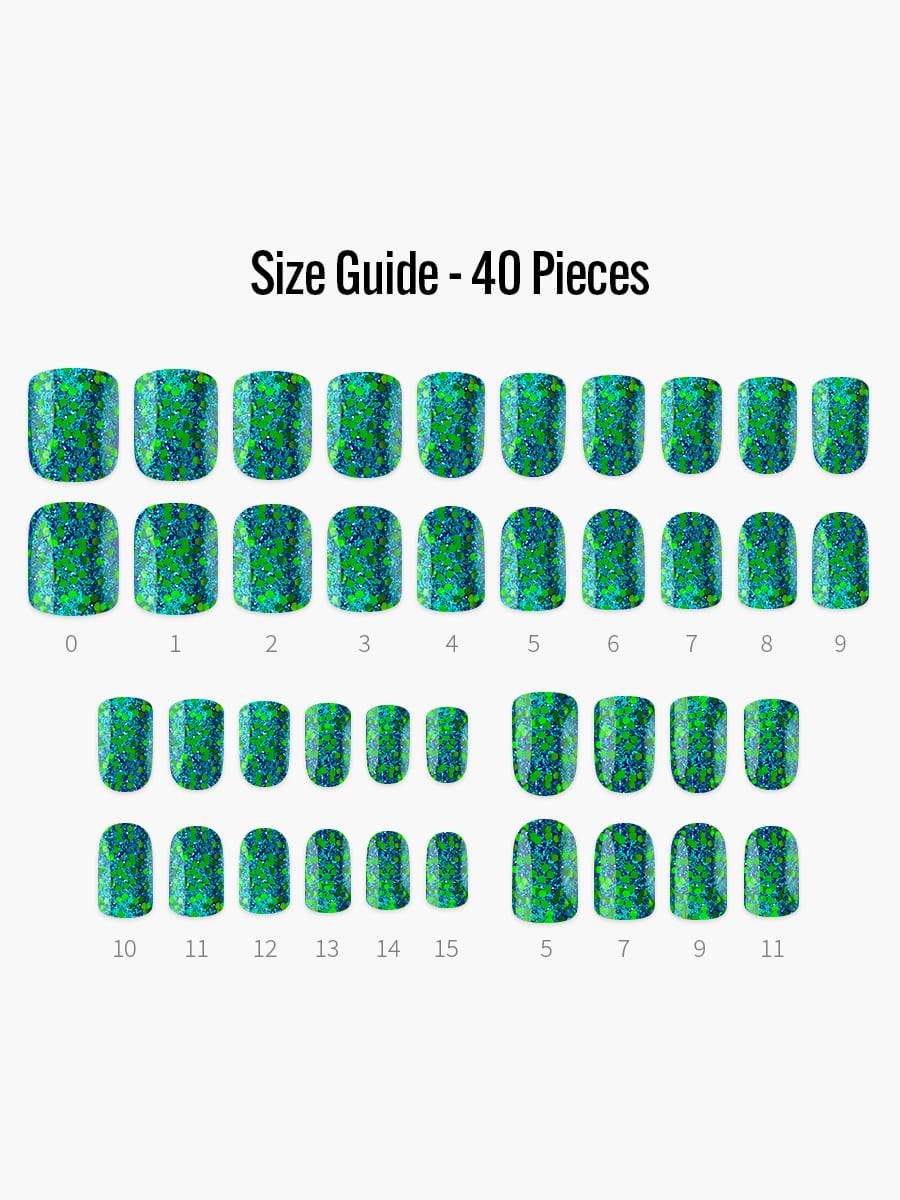 Blue Sparkle(ブルースパークル) - フィンガースーツネイルチップのサイズガイド(40枚入り、16サイズ)