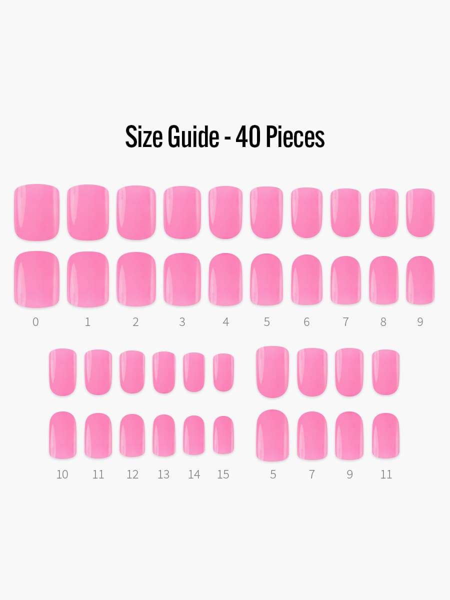 Bubble Gum Pink(バブルガムピンク) - フィンガースーツネイルチップのサイズガイド(40枚入り、16サイズ)