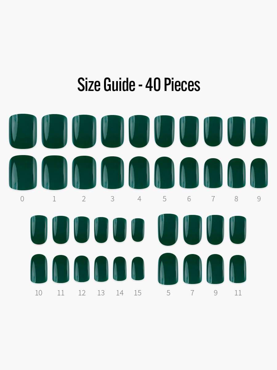 Dark Green(ダークグリーン) - フィンガースーツネイルチップのサイズガイド(40枚入り、16サイズ)