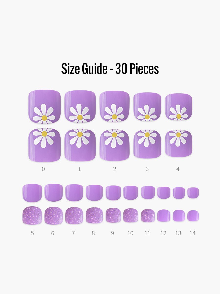 Purple Daisy(パープルデイジー) - フィンガースーツネイルチップのサイズガイド(40枚入り、16サイズ)