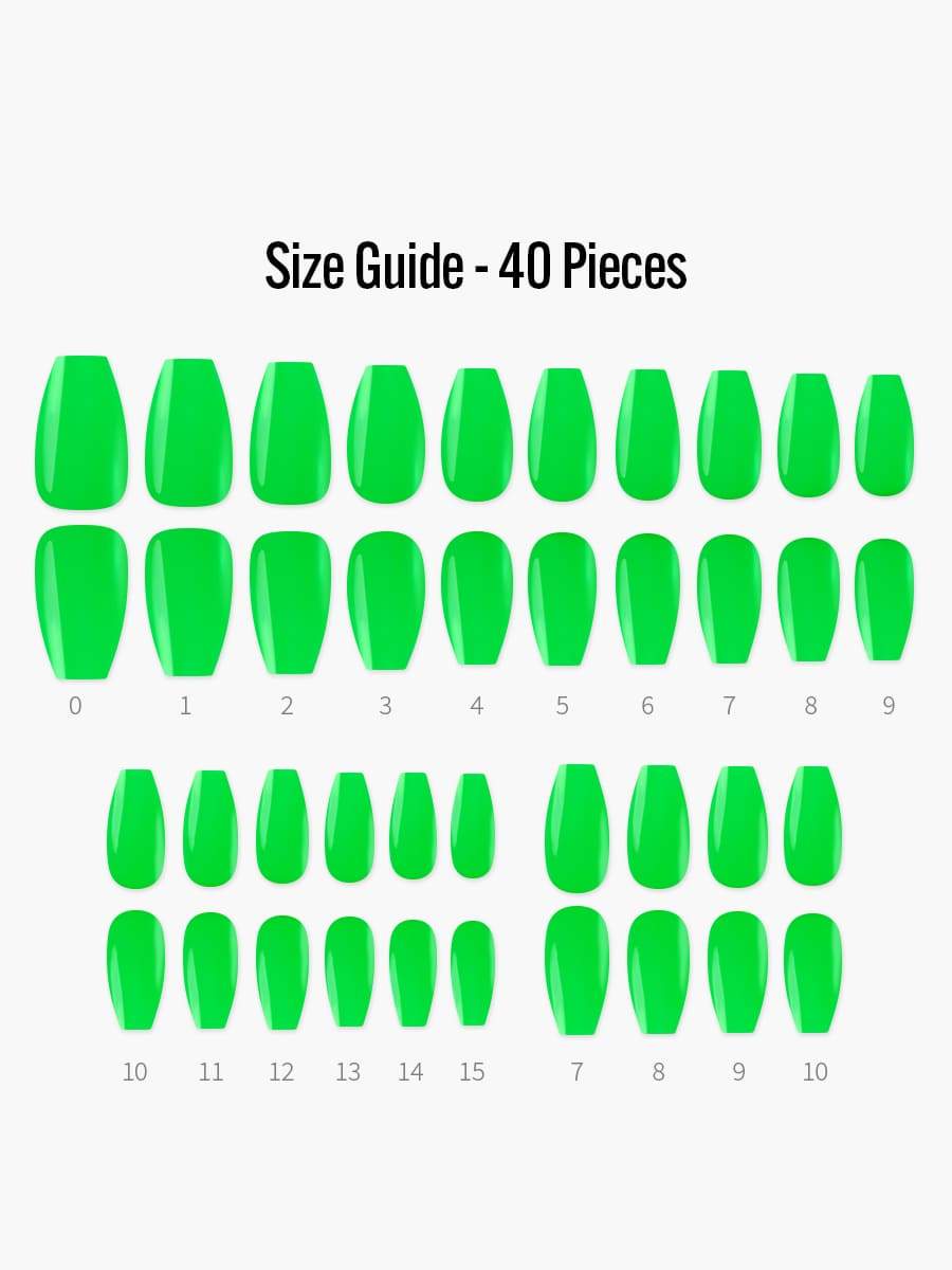 Neon Green(ネオングリーン) - フィンガースーツネイルチップのサイズガイド(40枚入り、16サイズ)