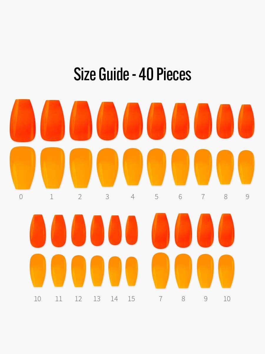 Neon Orange(ネオンオレンジ) - フィンガースーツネイルチップのサイズガイド(40枚入り、16サイズ)