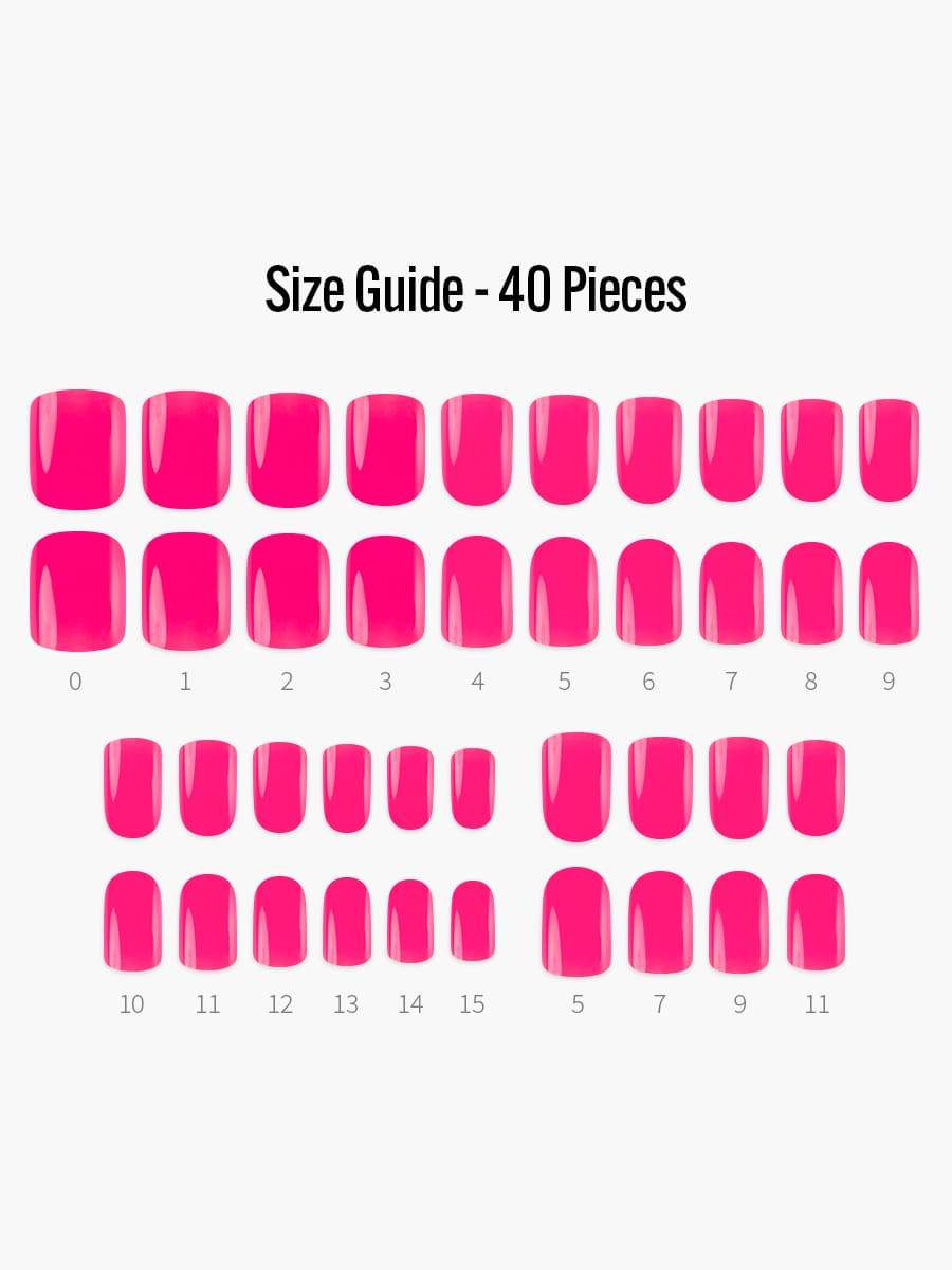 Neon Pink(ネオンピンク) - フィンガースーツネイルチップのサイズガイド(40枚入り、16サイズ)
