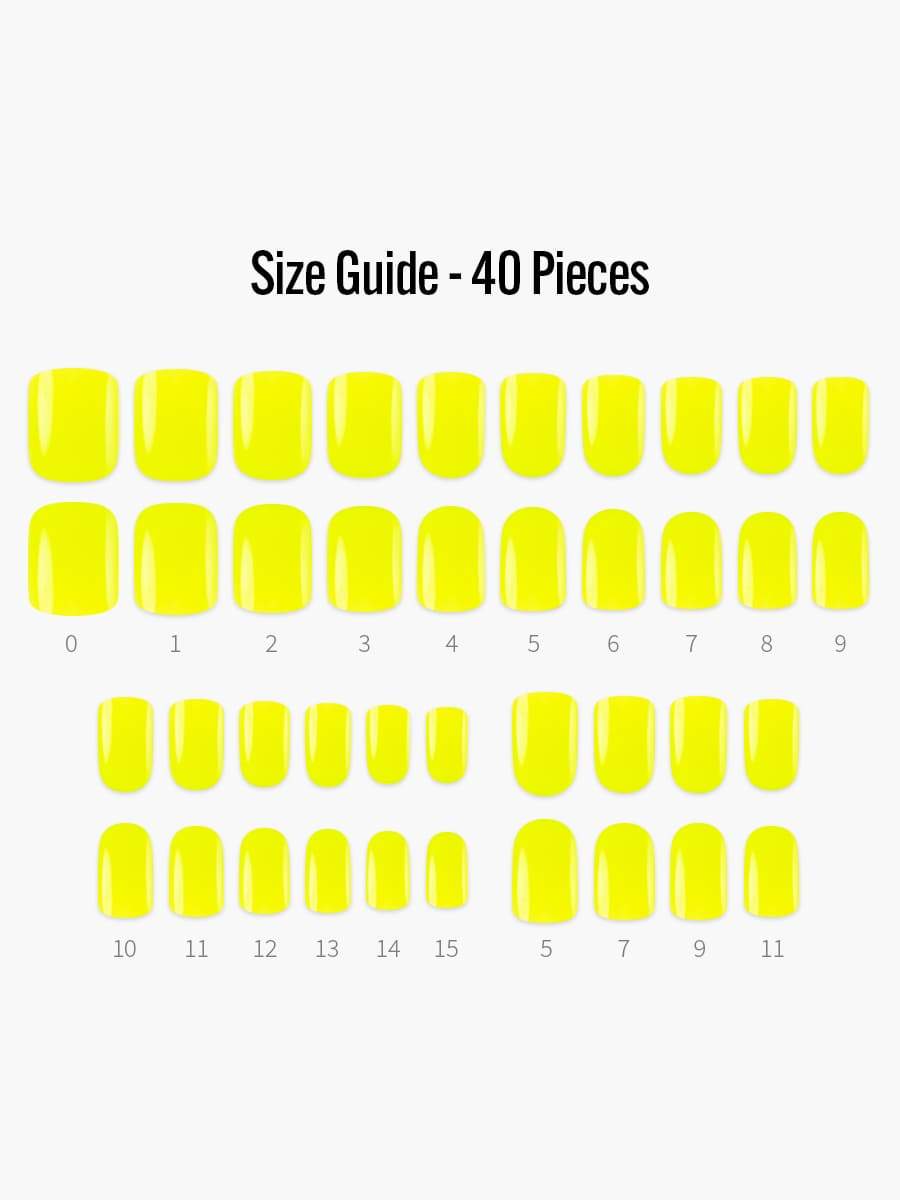 Neon Yellow(ネオンイエロー) - フィンガースーツネイルチップのサイズガイド(40枚入り、16サイズ)