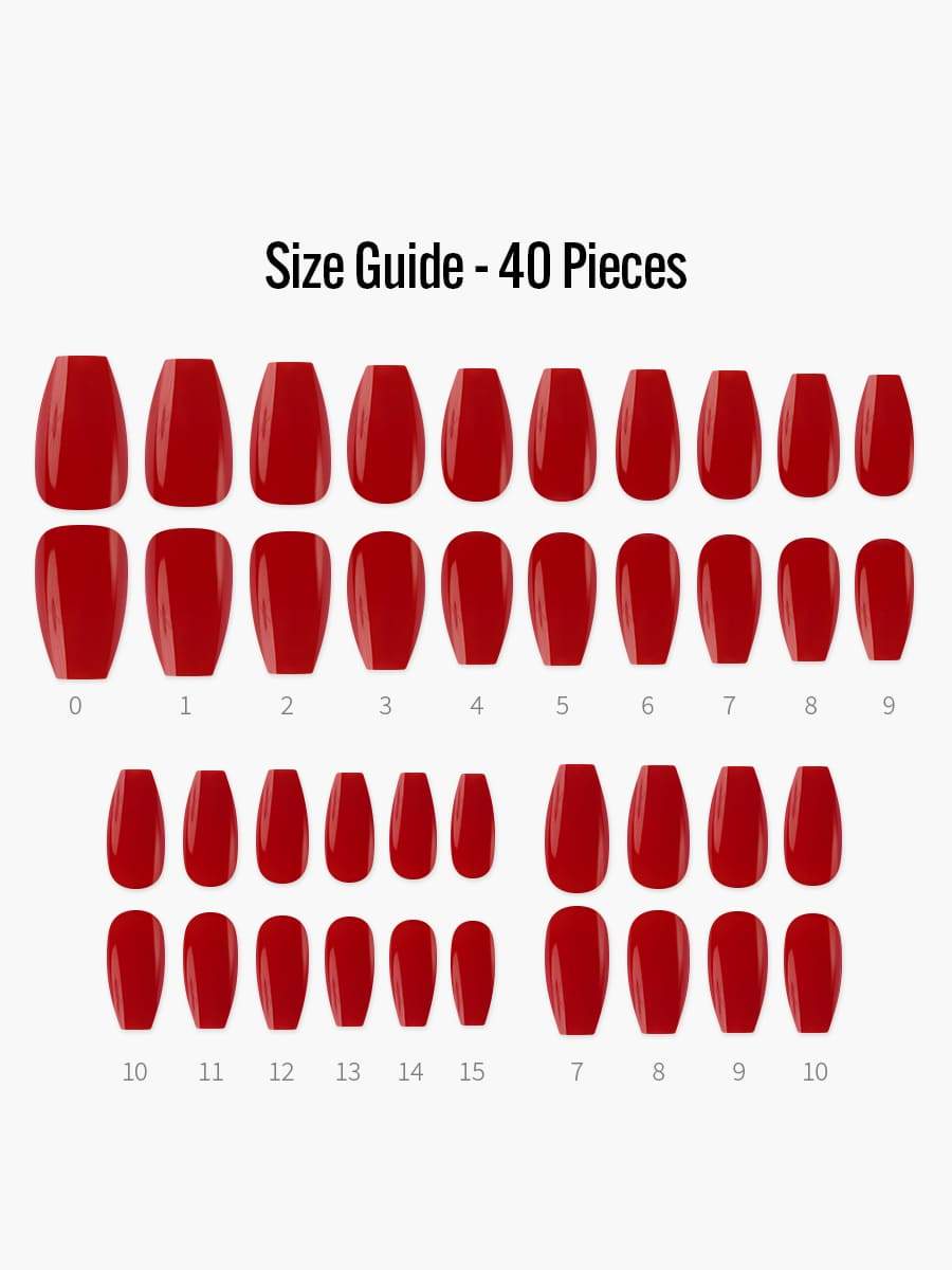 Perfect Red (バレリーナ)(パーフェクトレッド) - フィンガースーツネイルチップのサイズガイド(40枚入り、16サイズ)