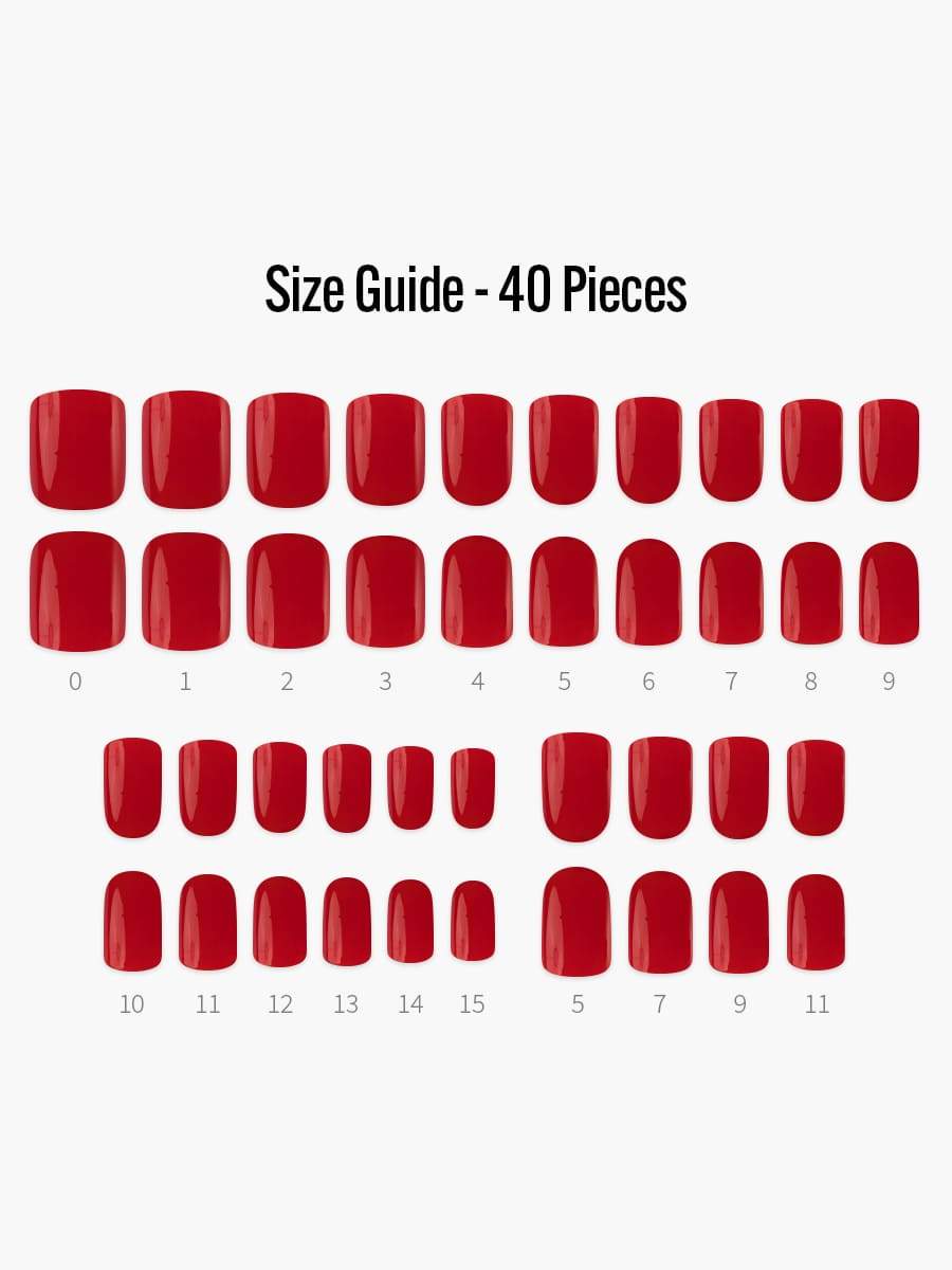 Perfect Red (スクエア)(パーフェクレッド) - フィンガースーツネイルチップのサイズガイド(40枚入り、16サイズ)