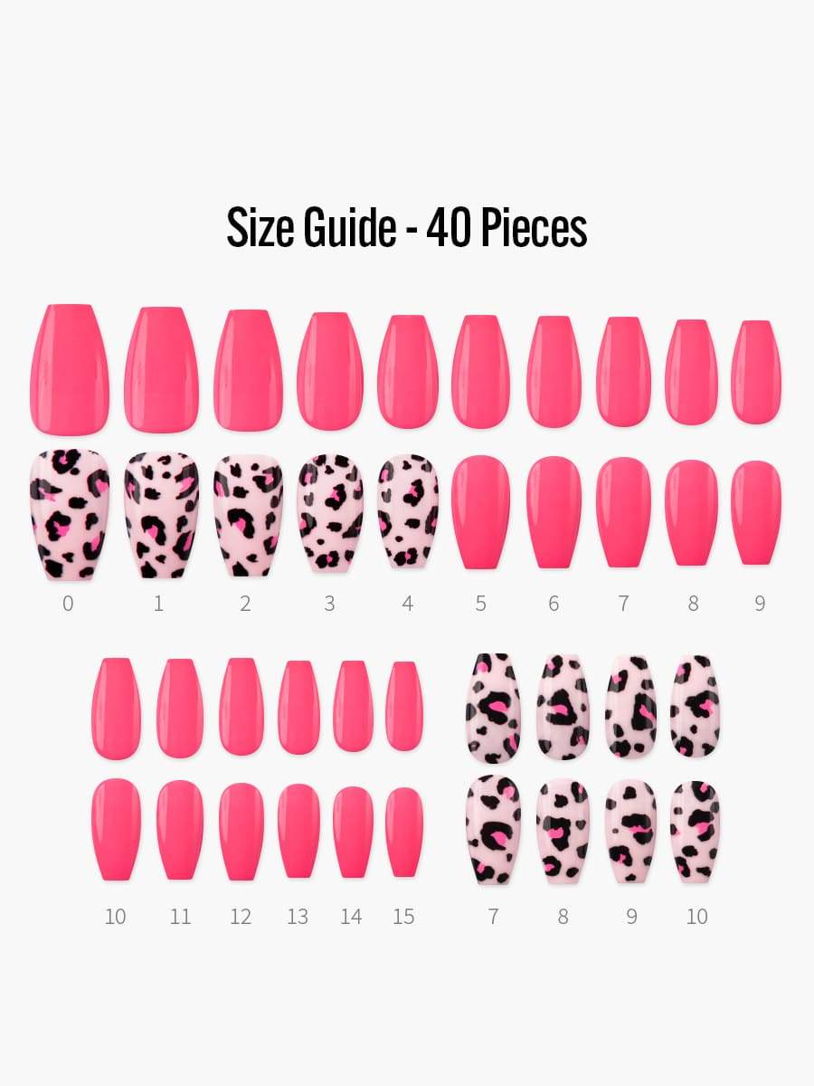 【Kep1er 着用】Pink Leopard(ピンクレオパード) - フィンガースーツネイルチップのサイズガイド(40枚入り、16サイズ)