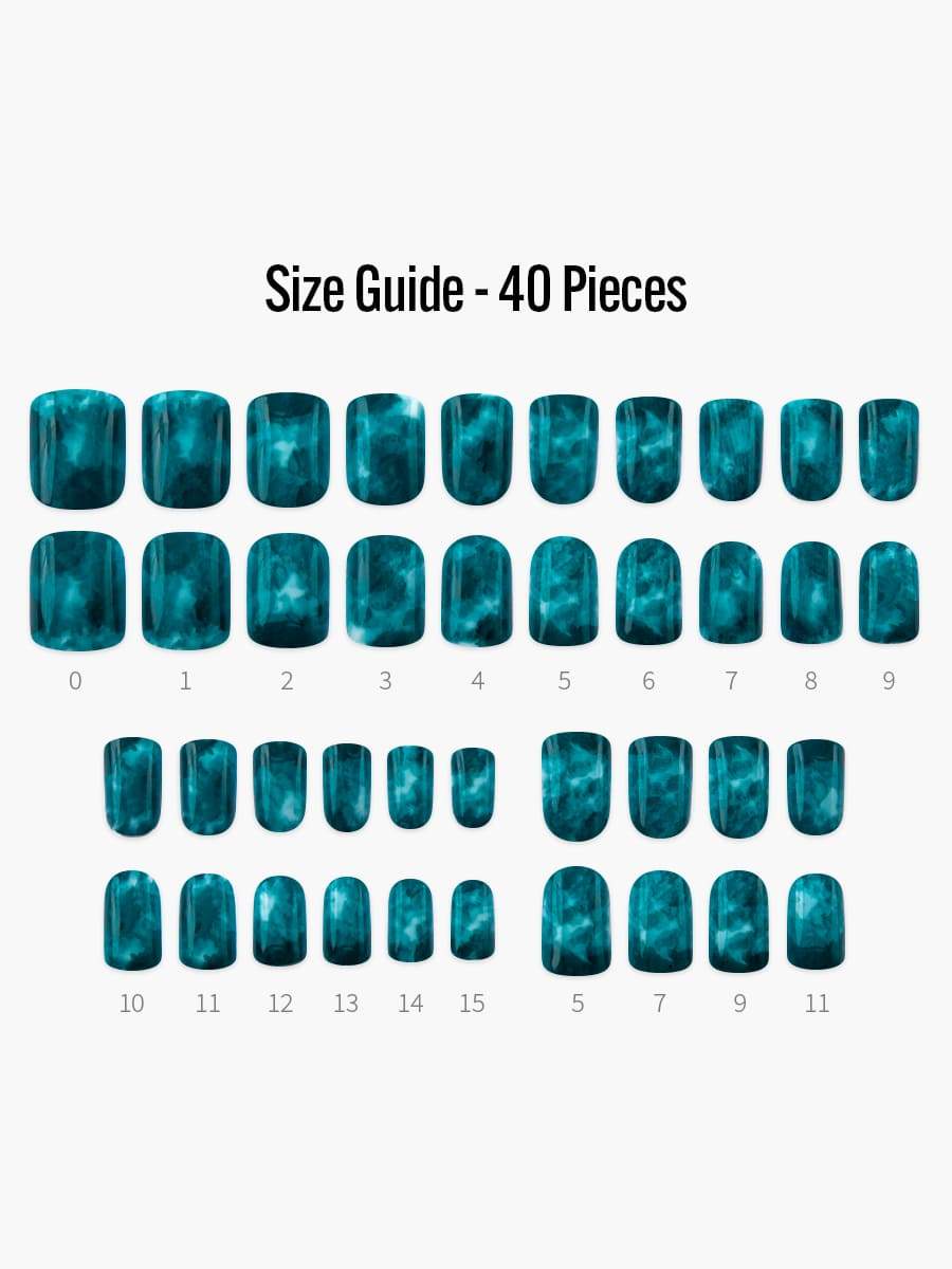 Teal Marble(ティールマーブル) - フィンガースーツネイルチップのサイズガイド(40枚入り、16サイズ)