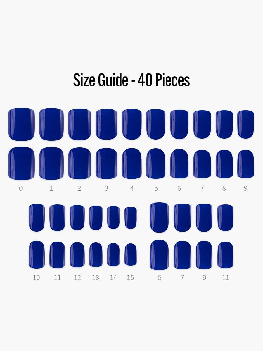 Tropical Blue(トロピカルブルー) - フィンガースーツネイルチップのサイズガイド(40枚入り、16サイズ)